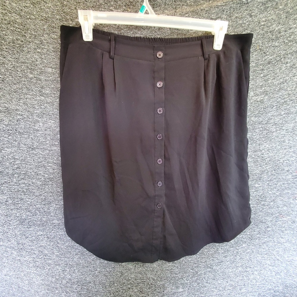 Cato Black Button Front Midi Skirt XL Elastic Waist Pleated Shirttail Hem